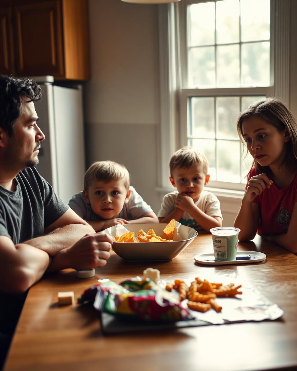 Family at table with processed food